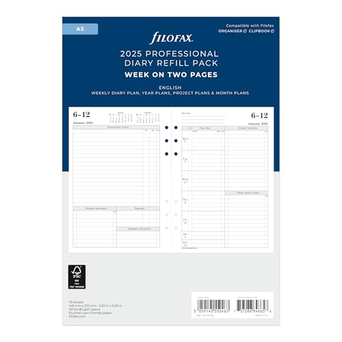 Filofax agenda semaine A5 2025, papier blanc, anglais