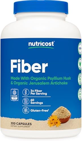 Nutricost Fiber Capsules with Prebiotic Fiber Supplement 300 Capsules – Made with Organic Psyllium Husk & Organic Jerusalem Artichoke, 60 Servings, Gluten Free, 3 G Per Serving