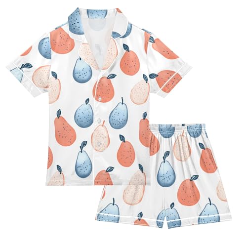 Pear Colorful Prints Summer Satin Pajama Set, Cute Button-Down Sleepwear Pj Set for Sleep Wears