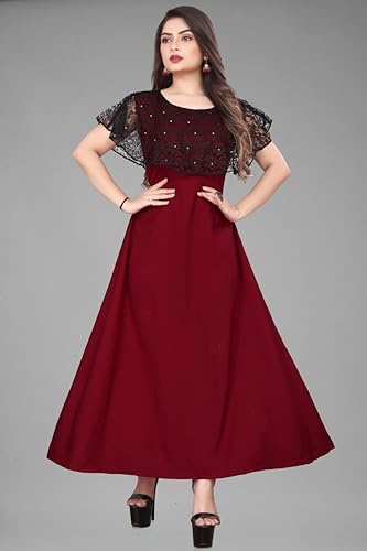 Image of Women's Poly Crepe Round Neck Plain Gown Dress