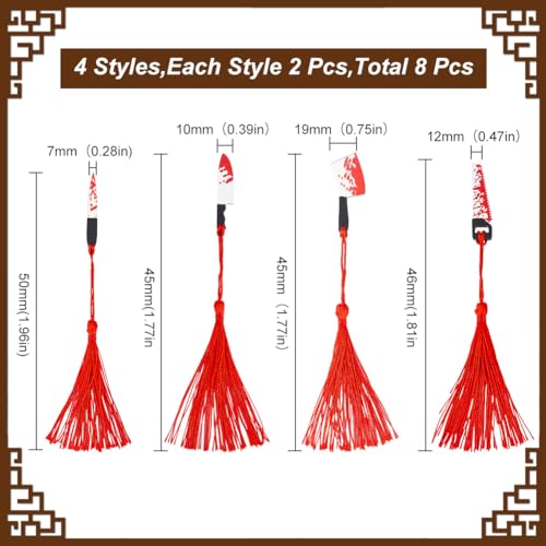 GOMAKERER 8 Pcs 4 Styles Blood Splatter Dagger Bookmarks, Halloween Theme Bookmark Tassels Acrylic Pendant Bookmark Cleaver Chainsaws Saw Bookmarks for Crafts Book Lover Jewelry Making - Image 2