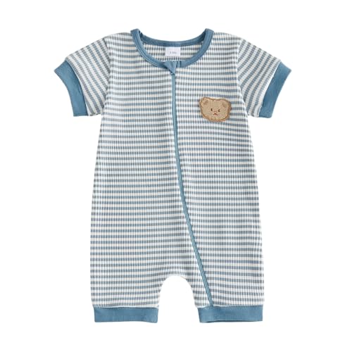 JCOPLY Newborn Baby Grow Boy One Piece Summer Outfit Cute Bear Embroidery Short Sleeve Zip Up Striped Rompers Knitted Jumpsuit 0-18M Boys Playsuit (Blue, 0-3 Months)
