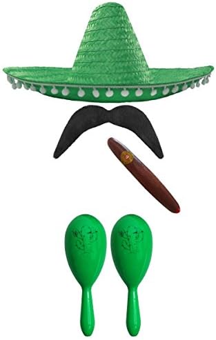MEXICAN FANCY DRESS ACCESSORY SET. MEXICAN SOMBRERO + MARACAS + TASH. PERFECT FOR MEXICAN FANCY DRESS COSTUMES SENORITA BANDIT MARIACHI (BLACK POM POM SOMBRERO + GREEN AND RED MARACAS)