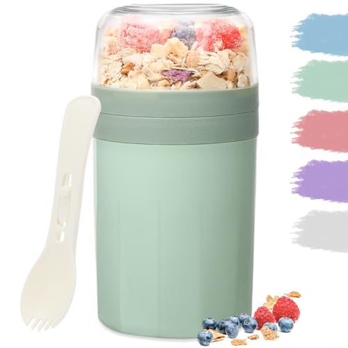 Bugucat Müslibecher to Go 520ML+250ML,Praktischer Joghurtbecher mit Löffel, Auslaufsicher Müsli Cup Becher mit Soßenbox,Müslibox Brotdose Lunchbox für Kinder & Erwachsene, Grün