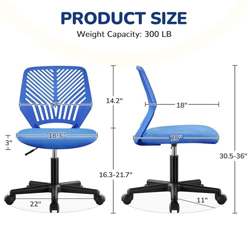 Image of Yaheetech Small Desk Chair, Armless Adjustable Swivel Seat, Blue | Padded mesh seat and ventilated resin back, compact armless frame rolls and adjusts for study and small desks, holds 300 lb.