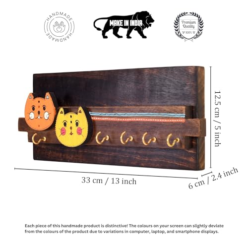 Image of Aakriti Art Creations Key Holder, Meow Key Hanger with Cat Motifs and Beautiful Artwork | Rustic Wooden Wall Organizer with 5 Hooks | Storage Shelf For Keys, Hats | Multifunctional Entryway Decor Item