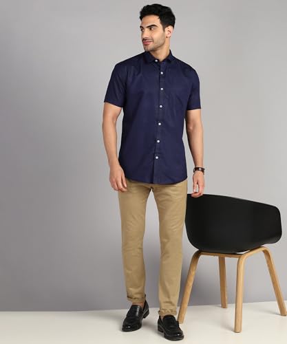Image of MILDIN Men's Cotton Blend Solid Shirt with Spread Collared Half Sleeve Curved Hemline Button Closure Regular Fit and One Pocket | Half Sleeve Shirt for Men