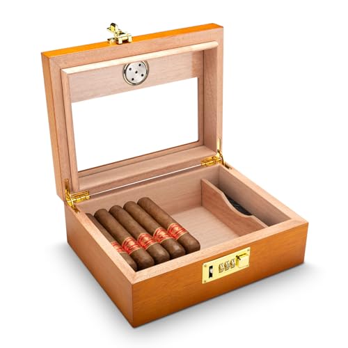 CIGARLOONG Cigar Humidor Cedar Wood with External Hygrometer and Humidifier, Desktop Cigar Box Humidor wirh Combination Lock for Store 20 Cigars