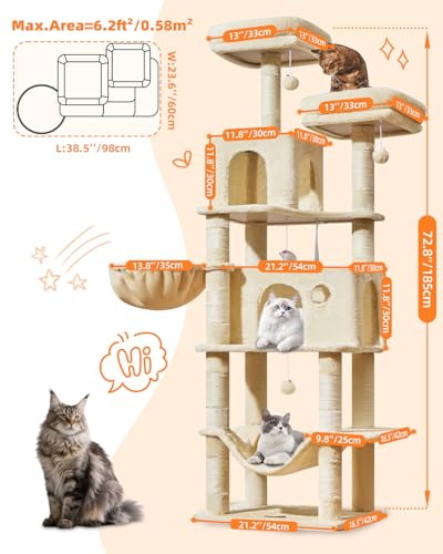 Image of Taoqimiao Large Cat Tree, 73 in Tall Cat Tower with 2 Plush Big Cat Condos