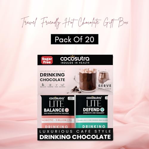 Image of Cocosutra BALANCE & DEFEND Sugar Free Drinking Chocolate Hamper | 2 * 10 Single Serve Sachets | For Gut Health & Immunity | Low Carb, Low Calorie | Stevia & Erythritol based | 400g