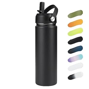 Kerilyn Stainless Steel Water bottle with Straw & Wide Mouth Lid, Wide Rotating Handle, 24oz Double Wall Vacuum Insulated Water Bottle Leak Proof, BPA Free, Keep Cold and Hot, 24oz, Black
