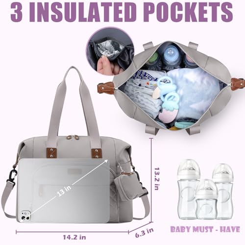 Image of Tuwubi Diaper Bag Tote,Baby Diaper Bag with Pacifier Case Large Travel Diaper Tote Caddy for Mom and Dad Multifunction Baby Bag - M-Light Khaki