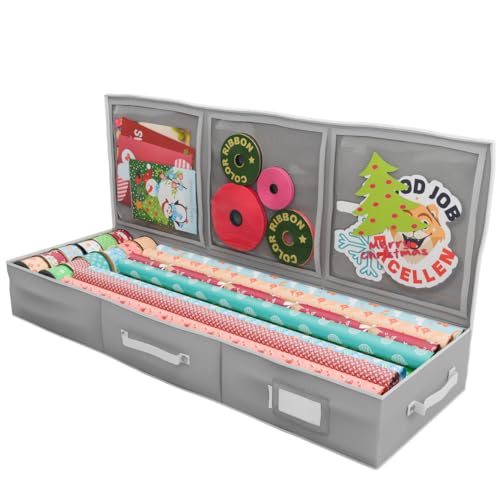 Primode Wrapping Paper Storage Container | Gift Wrap Organizer Under Bed 41”x14”x6” Box Holder for 18-24 Rolls Up to 40” | 600D Oxford Material | Pockets for Ribbon Bows (Grey)