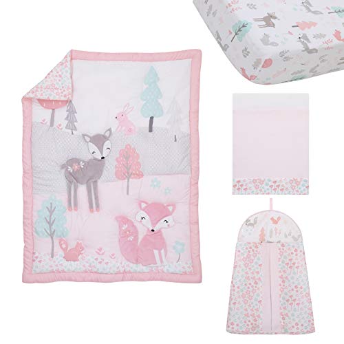 Nojo Sweet Forest Friends - Pink, Aqua, Grey & White 4Piece Nursery Crib Bedding Set - Comforter, Fitted Crib Sheet, Dust Ruffle, Diaper Stacker, Pink, Aqua, Grey, White #TOP1