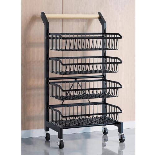 Carrito de cocina rodante, carrito de utilidad ajustable con mango de madera maciza y cestas de frutas desmontables, solución de almacenamiento móvil de 360°