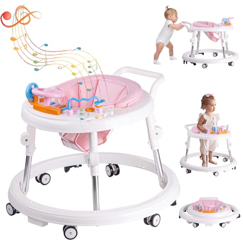 Baby Walker Foldable, Baby Walkers and Activity Center for Boys Girls Babies 6-12 Months with Feeding Tray & Music, and 5 Adjustable Heights, Baby Walker with Wheels…