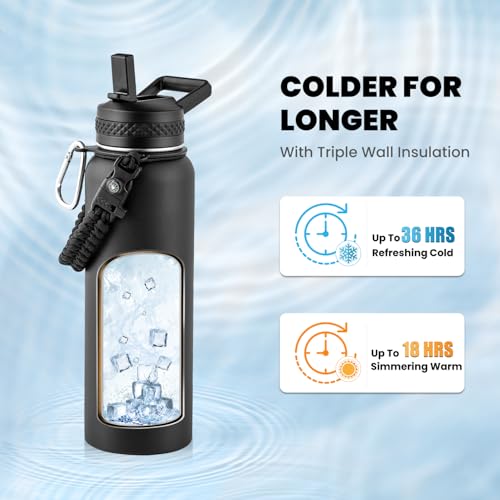 Image of RAYMYLO Insulated Water Bottle 40 oz, Triple Wall Vacuum Stainless Steel (Cold for 36Hrs, Hot for 18Hrs), Leak Proof & Non-BPA, Modern Water Flask Jug with Paracord Handle & Straw Spout Lids