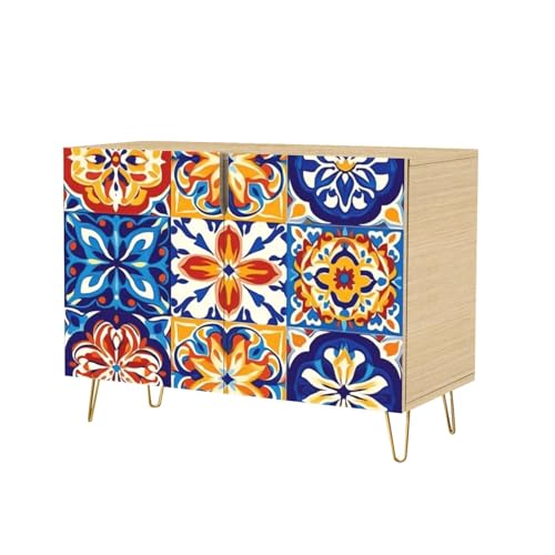 DERUINVAIO Mid Century Sideboard Buffet Kitchen Storage Cabinet Mexican Talavera Ceramic Tiles Spanish Maiolica Colorful Decorative Cupboard Console Table Bar Cabinet for Dining Room Hallway