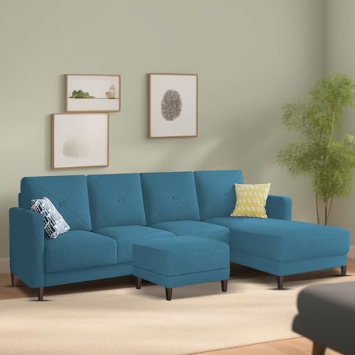 Image of Baloney RHS 6 Seater L Shape Sofa Set with Center Table for Living Room (Turquise Fabric) Premium Fabric Sofa