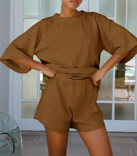 Image of Tankaneo Womens Pajama Sets 3 /4 Sleeve Oversized Tops & Loose Fit Shorts Lounge Set with Pockets Loungewear