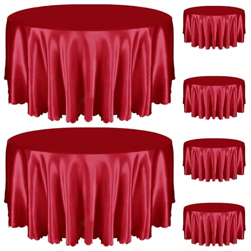 Entisn 6 Pack 120 Inch Round Satin Tablecloth, Red, for 8-12 Seats