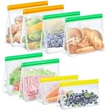 8 sacchetti riutilizzabili, in PEVA senza BPA, con chiusura lampo, design con fondo in piedi, lavabili in lavastoviglie, per frutta, verdura, carne e snack (3 misure)