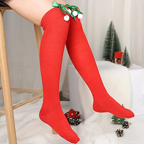 Image of Christmas Party Over Knee Socks Thigh High Stockings Leg Bow Hairball Thigh High Long Stockings for Women and Girls