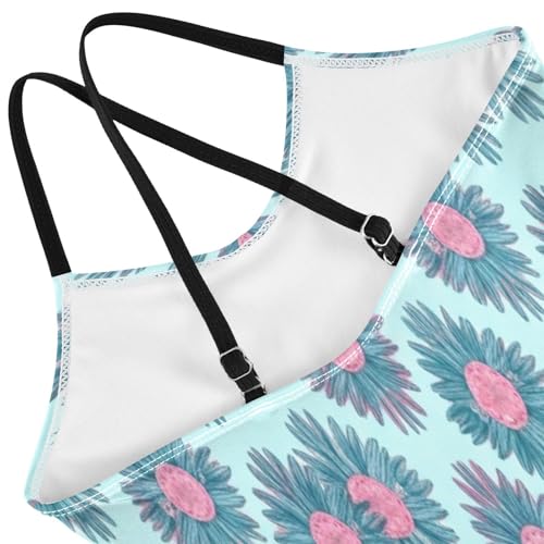 Pink Blue Floral Girl Bathing Suit with Adjustable Shoulder Strap, Beach Bathing Suit, 3-104