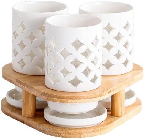 kitchen utensil holder 3 Pieces Ceramic Utensil Caddy with Bamboo Base, Creative Triangle Kitchen Silverware Caddy for Countertop, Cutlery Storage Organizer Drain Rack Cooking Utensil Holder(White-002