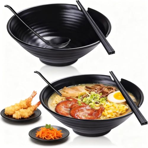 TEQKON (Set of 2) Unbreakable Japanese Style Ramen Bowl with Chopsticks Spoon & Dipping Bowl Saucers, Large Black Matte Melamine Bowls for Pho Thai Miso Udon Soup Noodles, Asian Food & Wonton
