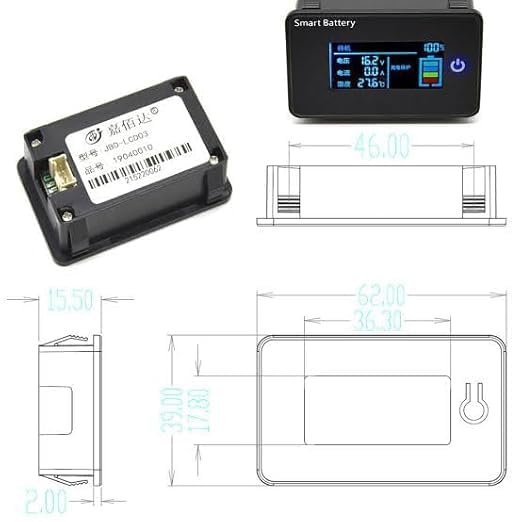Image of Roshuz Lithium Battery Pack Monitor LCD SOC Display Compactable for JBD SMART Battery Management System [ BMS ] Throgh UART Communication with Connection Cable [ Pack of 1 ]