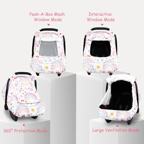 Image of Winter Car Seat Cover Baby with Sunshade & Dual Zipper Windows - Minky Bubble Lined Windproof Soft Shell, Warm Newborn Car Seat Canopy Covers, Elastic Bottom for Stroller & Infant Car Seat, Rainbow