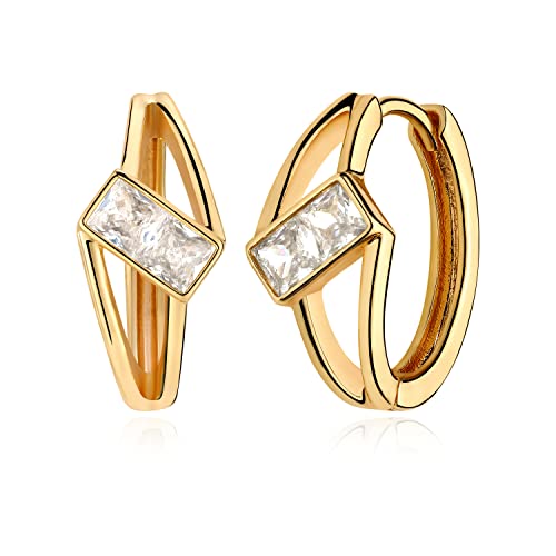 Myears Women Diamond Earrings Gold Huggie Cage Hoop Baguette Cubic Zirconia 14K Gold Filled Small Simple Handmade Hypoallergenic Everyday Jewelry #TOP11