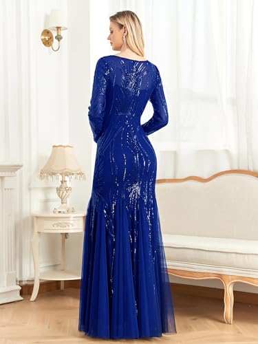 Image of Long Sleeve Sequin Evening Dress Glitter Mermaid Long Gown for Mother of The Bride Or Wedding Guest