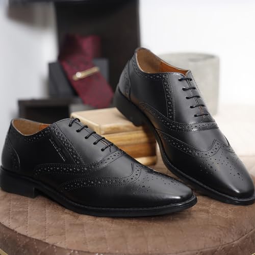 Image of LOUIS STITCH Mens Jade Black Italian Leather Wingtip Brogue Handmade Formal Lace Up Shoe (RXBGJB) - 10 UK
