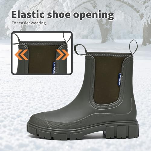GemChve Gummistiefel Damen Winter, Chelsea Boots Gefüttert Wasserdicht, Gummistiefeletten Halbhohe Gartenschuhe, Rutschsicher Regenschuhe, Abriebfest Komfort Schlupfstiefel Green 39 EU