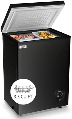 Chest Freezer Small Deep 3.5 Cu.Ft Black Mini Freezers Top Door Adjustable 7 Thermostat and Removable Basket Open Garage Basement Apartment Kitchen Business Office RV