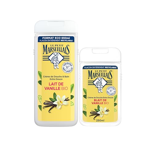 Le Petit Marseillais Gel de Ducha Corporal Extra Suave, Leche de Vainillla BIO, Hidratación y Nutrición para Piel Sensible, con Ingredientes Naturales y Envase Reciclable, Pack de 650ml + 250ml
