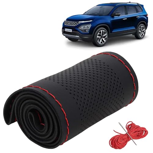 Image of KINGSWAY PU Leatherite Car Steering Cover Sewable Compatible with Tata Safari (Year 2021-2023), Black Color with Red Thread, Pack of 1 with Sewing Needle and Thread