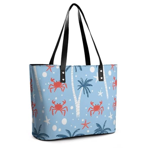 Crab Starfish Palm Tree Polka Dots Women's Leather Handbag Shoulder Bag Tote Purse Bags for Shopping Travel3