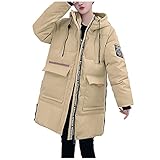Generic Heißjacke Frauen mittellange Outbekleidung Mode Langarm-Ausziehthong Taschen Brief Kette Daunenmantel mit loser Kapuze Kurze Jeansjacke Damen (Khaki, XXL)