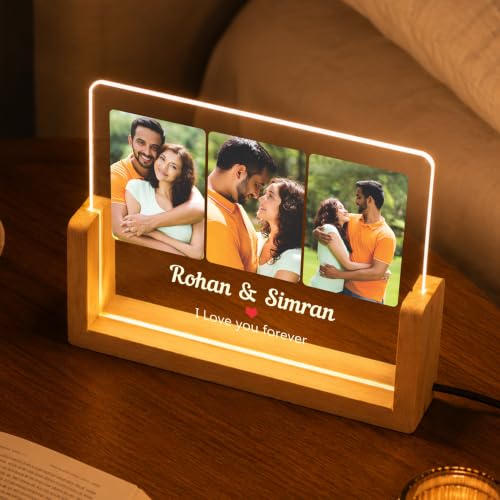Image of Giftplease Personalized LED Acrylic Photo Frame with Custom Picture and Name, Romantic Couple Night Lamp, Wooden Base USB Table Decor, Anniversary Memory Display, Bedroom Home Accent Piece