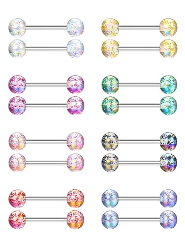 CASSIECA Set Piercing Langue et Teton 16 Pcs Acier Chirurgical 12-18mm Barbell Multicolore