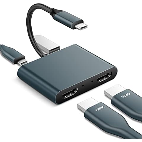 USB C to Dual HDMI Adapter 4K 60hz, 4 in 1 Type C to Dual HDMI, USB 3.0 Port, USB C PD Charge Compatible with MAC OS, Windows, Android, Linux USB C Device Cover