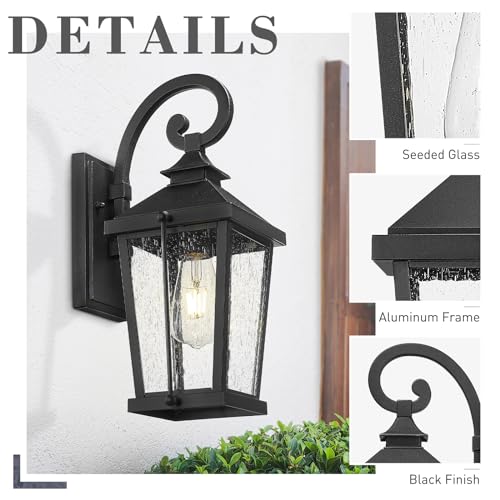 Image of zeyu 16 Inch Black Outdoor Light Fixture, 1-Light Exterior Wall Lighting Fixture for Porch Backyard, Die-Cast Aluminum with Seeded Glass, Black Finish, ZW105B BK