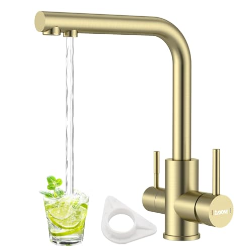 DAYONE Brushed Gold 3 Way Water Filter Tap, Triflow Drinking Water Tap, SUS304 Stainless Steel 360 Swivel Sink Mixer Tap, Dual Lever 3 in 1 Kitchen Sink Mixer, UK G1/2'' Kitchen Faucet
