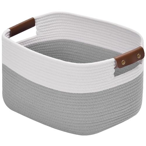 Patvingot Woven Cotton Rope Storage Basket 15” x 10” x 9.5”,Decorative Baskets with Detachable Leather Handles for Blanket Storage and Closet Organization(White/Grey, 1 Pack)