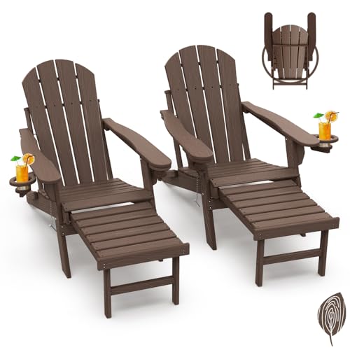 GREENVINES Adirondack-Chairs-with-Ottoman | Set of 2 | Wood Grain | Dark Brown | Folding | Retractable-Footrest | HDPE Plastic | All Weather Fire Pit