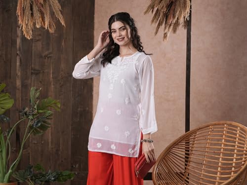 Image of Ada Women's & Girl's Georgette Hand Embroidered Lucknow Chikankari Regular Fit Short Kurti Top with Slip A911300
