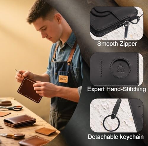 Genuine Leather Coin Purse for Women Men, Small Change Purse, Compact Zippered Keychain Wallet, 2 Card Slots Holder (Holds Change,Coins, Bills, Cards), Classic Gift Idea, Black4